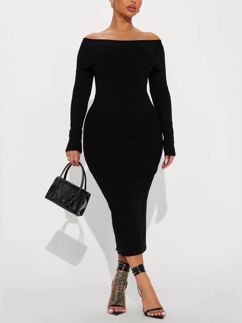 Fashion Nova “Josie” Off-Shoulder Black Sweater Midi Dress
